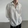 Men Shirt White Long Sleeve Lapel Lace-up Collar Pullover Tops Vertical Stripe Texture
