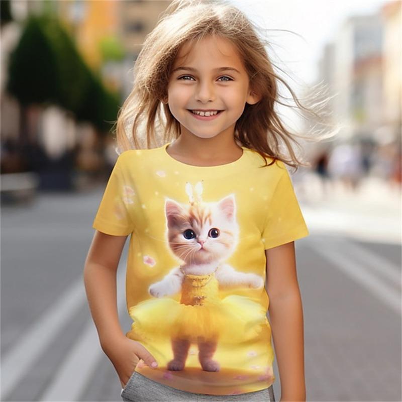 Katze Kid T-Shirt für Kinder Tops Kurzarm Pferd Sommer Kawaii Fashion Tee Mädchen Kleidung von 8 bis 14 Jahre alt Kind T-Shirt