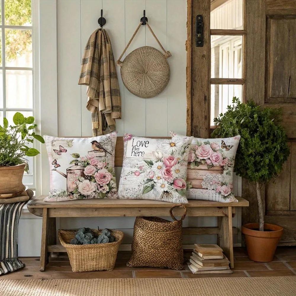 Vintage Floral Boho Farmhouse Pillow Covers Pink Roses Daisies Hydrangeas Decorative Cushion Covers For Sofa Bedroom Home Decor