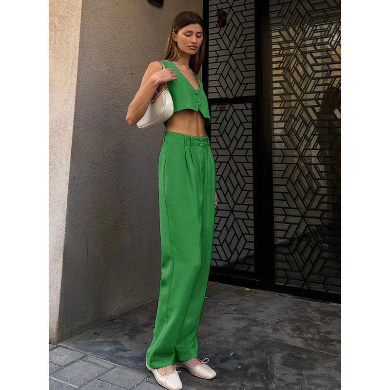 Fashion Summer Pure Color V-neck Midriff-Baring Vest Pants Suit Short Tank Top and Pants Set