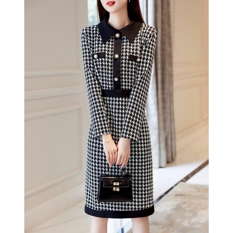 Demana Modern Houndstooth Lapel Long-Sleeve Dress