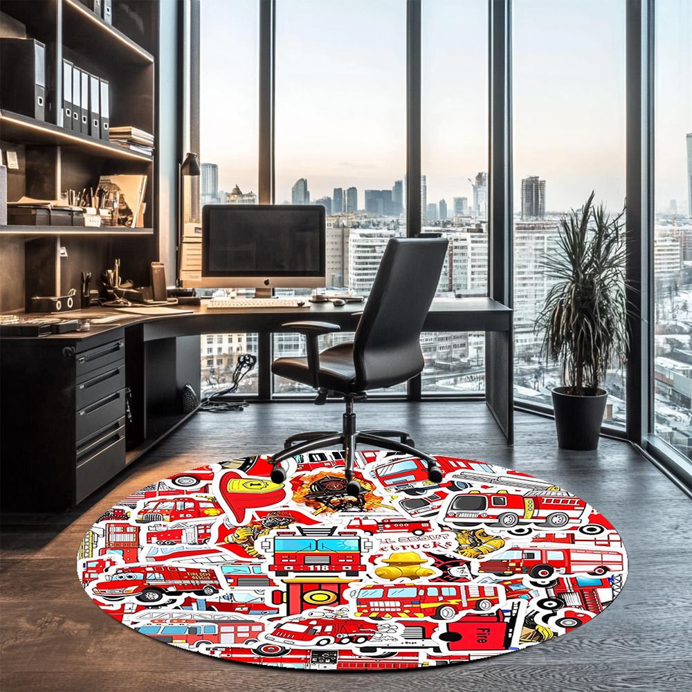 Fire Truck Printed Round Rug Carpet Chair Rug Area Rug Entryway Doormats,for Office Chair Living Room Bedroom Kitchen Room.