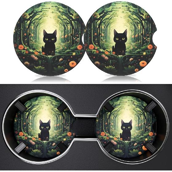 2 Pack Car Cup Holder Coasters, 2.63 Inch Anti Slip Ceramic Absorbent Coaster with Cork Base and Finger Notch, Cute Car Accessories Interior for