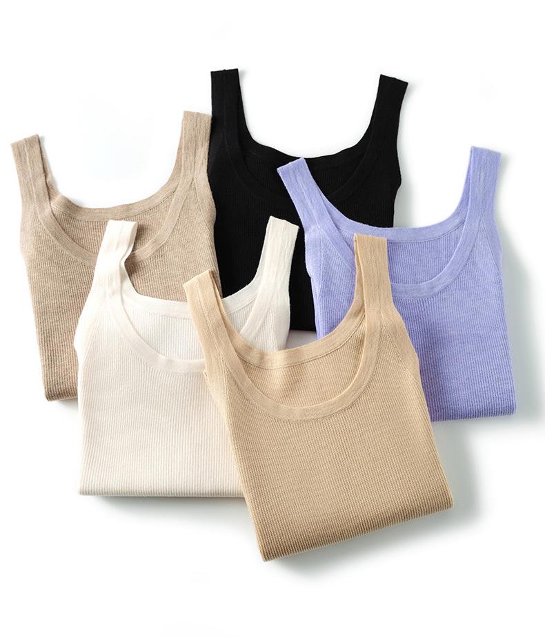 Women's U-neck Knit Tank Top - Imitation Wool, Wide-Strap, Slim-Fit Base Layer Camisole