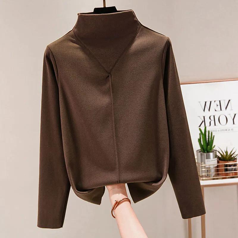 Warm Double-sided German Velvet Semi High Neck Self Heating Slim Fit Versatile T-shirt with Cationic Base for Women