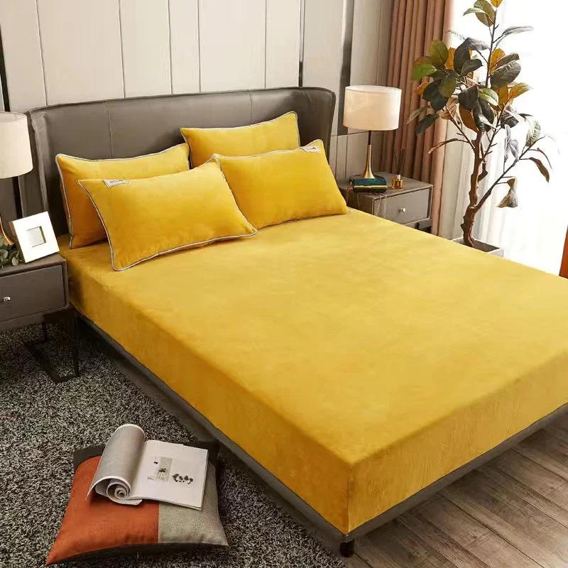 Warm Winter Plush Fitted Sheet Elastic Mattress Cover Fluffy Coral Fleece Bed Linen Luxury Double Bed Velvet Protector