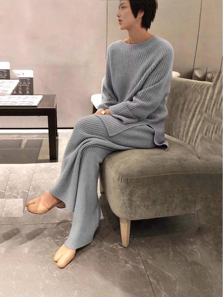 2025 Damen Herbst/Winter Langarm Einfarbig Gestrickt Lässig Zweiteiliges Set