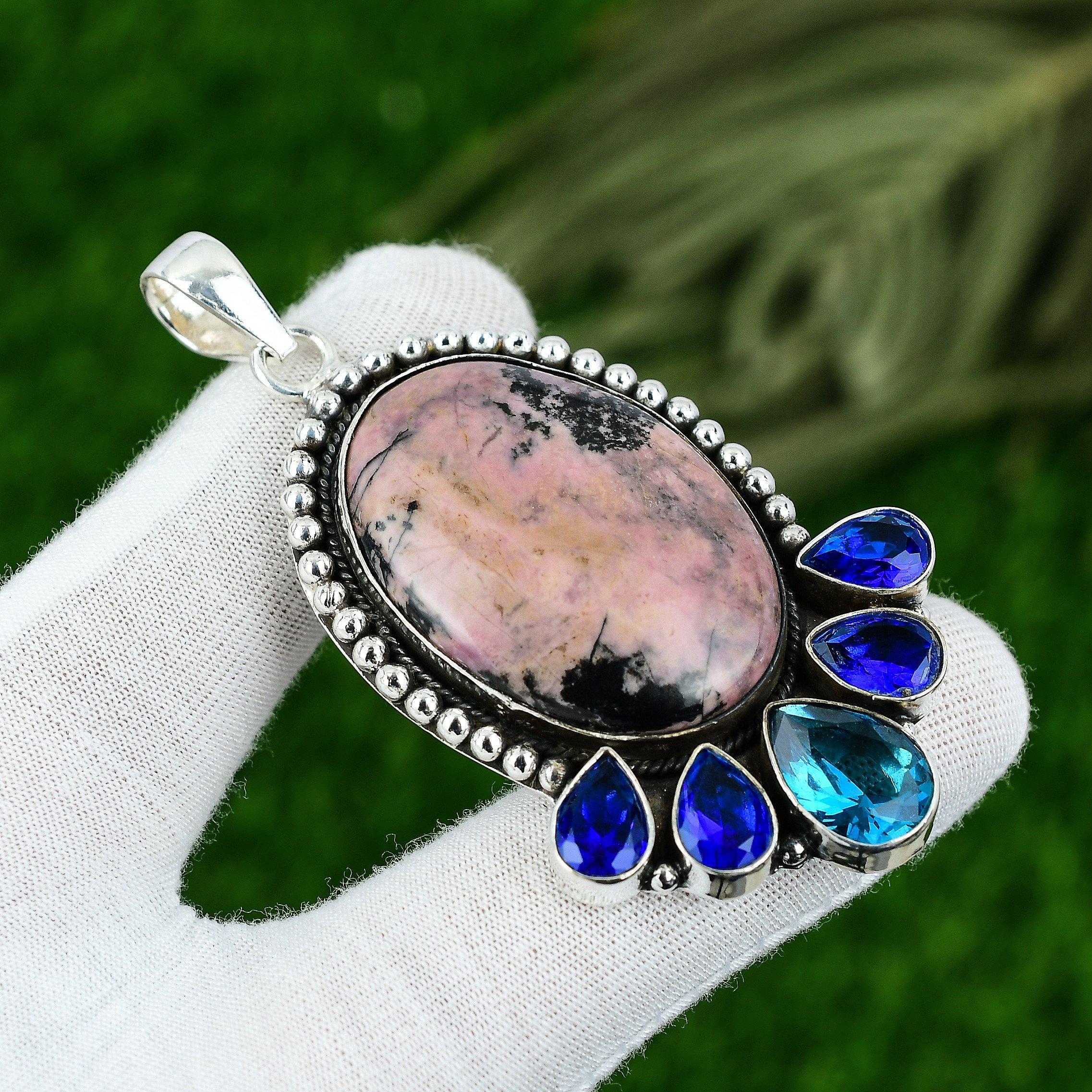 

Подвеска из натурального родонита розового цвета, серебро 925 пробы, индийские украшения