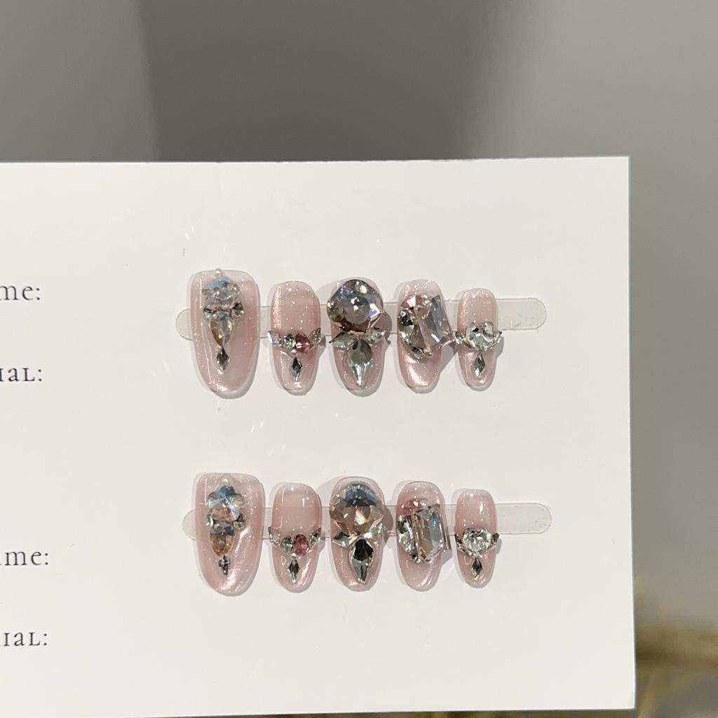 Women Short Press‑On Nails Pure‑Handmade Autumn Winter Purple Cat Eye Full Rhinestone Sparkling Light‑Luxury False Nail Patches