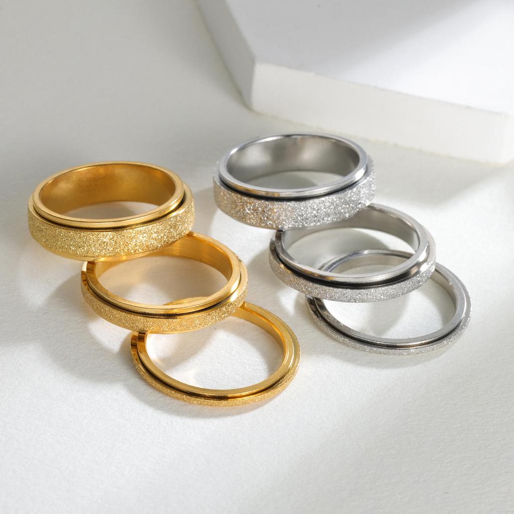 Stainless Steel Rotatable Couple Frosted Ring - Trendy Decompression Jewelry