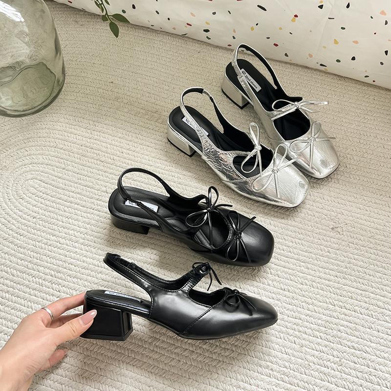 

Medium Heeled Mary Jane Sandals 2025 New Designer Women Shoes Fashion Double Bowknot Thick Heeled Ballet Shoes Ladies Soft Shoes 35 срібний