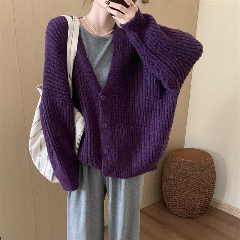 Thick Yarn Knitted Cardigan Office Loose Lazy Style Casual Sweater Coat Elegant Purple V-neck Shawl Outerwear