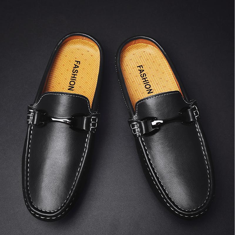 Fashion Breathable Mens Half Slippers Genuine Leathe Muller Shoes Loafers Handmade Male Comfy Flats Lazy Shoes Outdoor Soft Casual Shoes