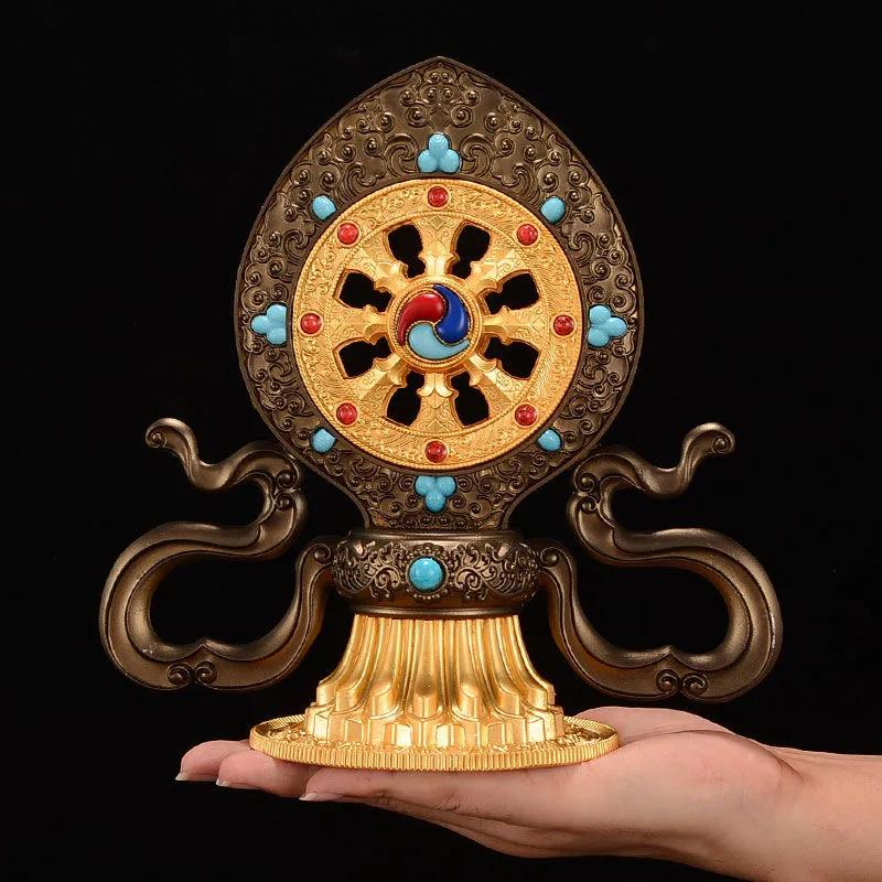 Golden Buddhist Double Deer Golden Wheel, Tantric Alloy Handicraft, Auspicious Tibetan Tribute Buddhism Gift, Indoor Decorative