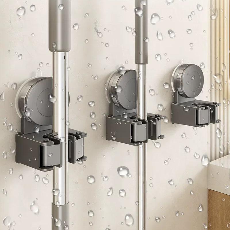 Suction Cup Mop Broom Holder Wall Mounted No Punching Bathroom Organizer With Anti-Slip Silicone Clamp