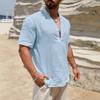 Camisa Texturizada Azul Claro para Hombre con Cuello Alto, Top Henley Casual de Manga Corta, Tejido Transpirable para Verano