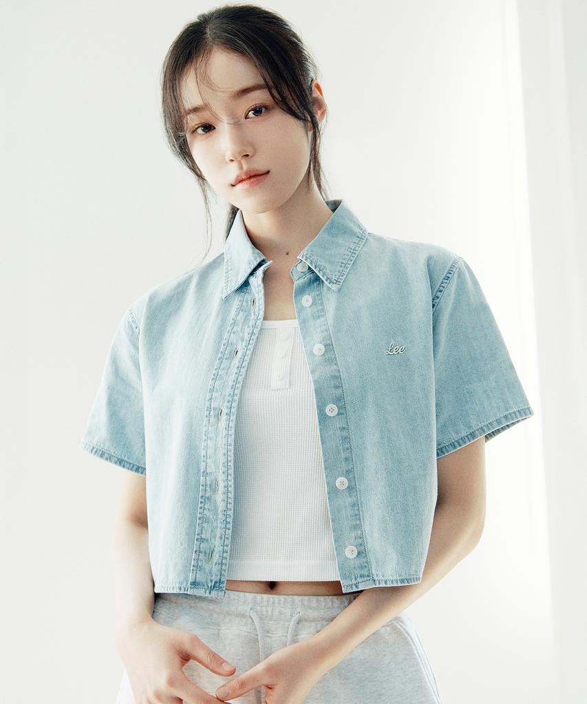 LEE Women'S Short Crop Denim Short Sleeve Shirt Indigo Light