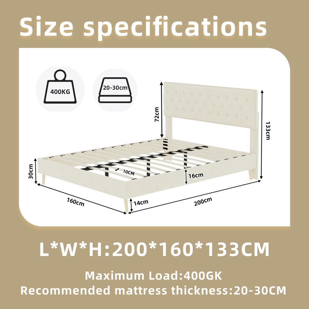 Modern bed, comfortable and soft headboard, 160*200CM, beige, multifunctional bedroom furniture, box bed frame does not include gas rod or mattress.