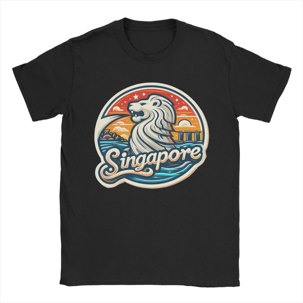 Singapore Flag Chinese Characters with Skyline Merlion TShirts for Unisex Casual Cotton Tees O Neck Short Sleeve T Shirts Classic