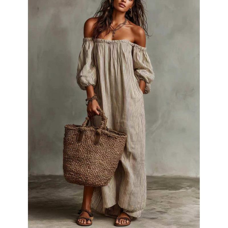 

New Bohemian Off-The-Shoulder Lantern Sleeves Loose Large Size Cotton And Linen One-Word Shoulder Striped Dress S светло-коричневого