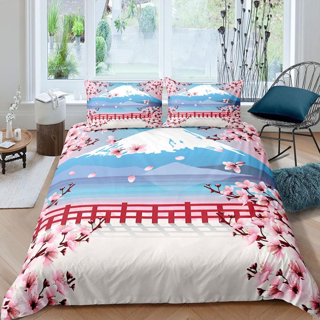 Japanischer Stil Weiche Bettbezug-Set für Mädchen Polyester Berg Fuji Warme Deckenbezug Kirschblüten Blume Tinte Hplus Gemalt Bequemer Bettdeckenbezug