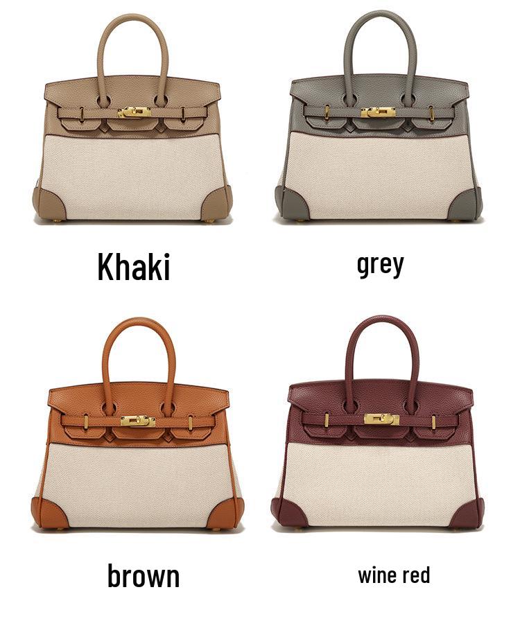 Lychee Grain Cowhide Canvas Color Block Women's Handbag - Large Capacity Shoulder & Crossbody Bag