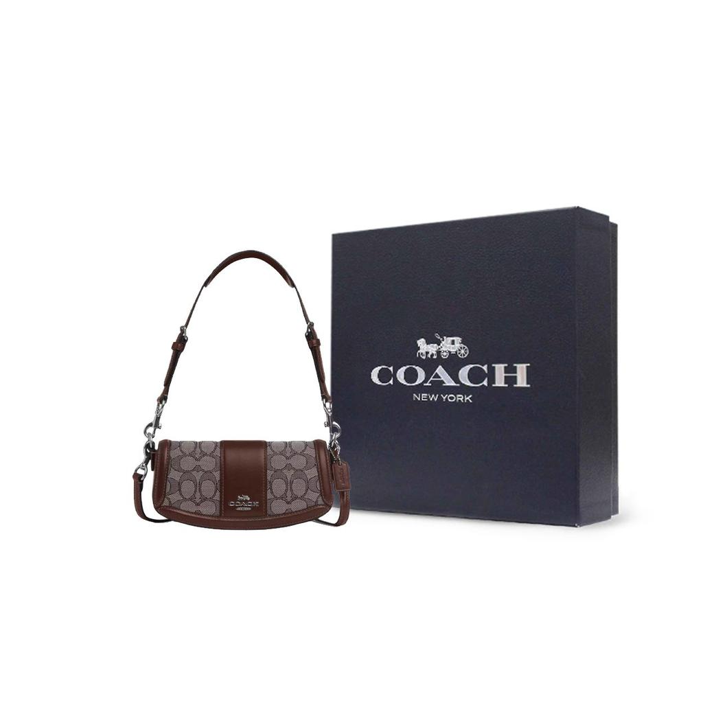 Coach Andrea 21 Metallic Logo Signature Jacquard Trimmed Leather Handbag Women handbags Brown CU985-SVS8S