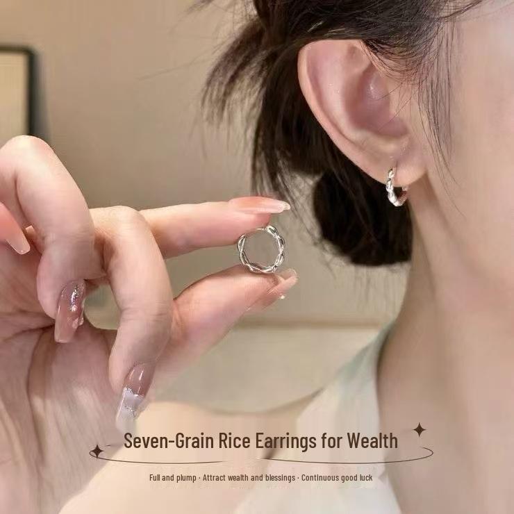 Seven Grains of Rice Sterling Silver 990 Earrings for Women - Summer Fashion Ear Studs & Cuff