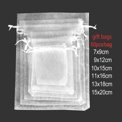 25/50 Pcs/lot White Drawstring Organza Bag Small Pouches Jewelry Package Bags Christmas Wedding Packaging Gift Bags 6 Sizes 6Z