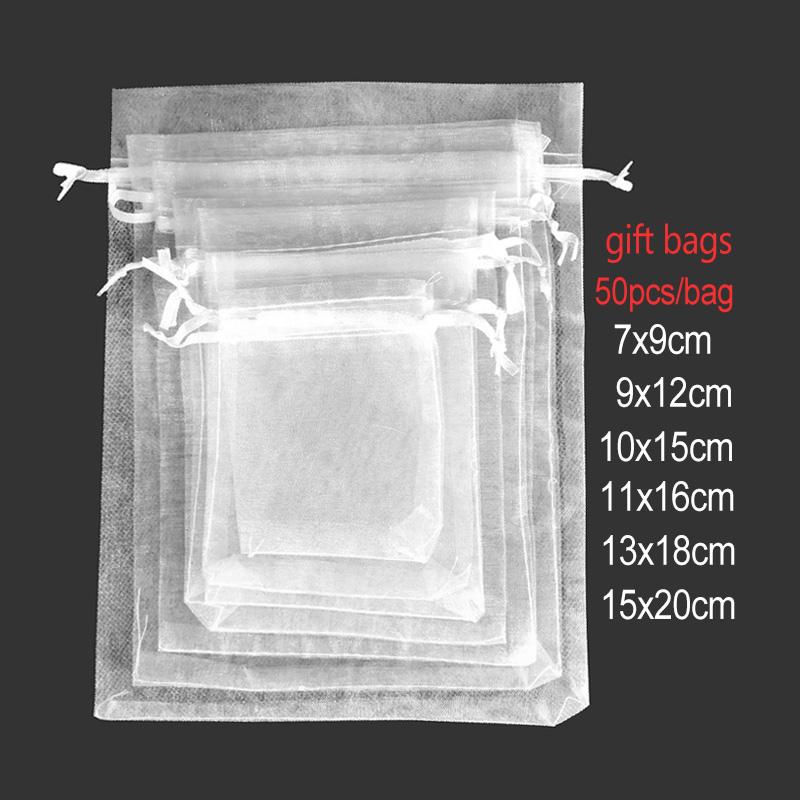 25/50 Pcs/lot White Drawstring Organza Bag Small Pouches Jewelry Package Bags Christmas Wedding Packaging Gift Bags 6 sizes 6Z 20cm