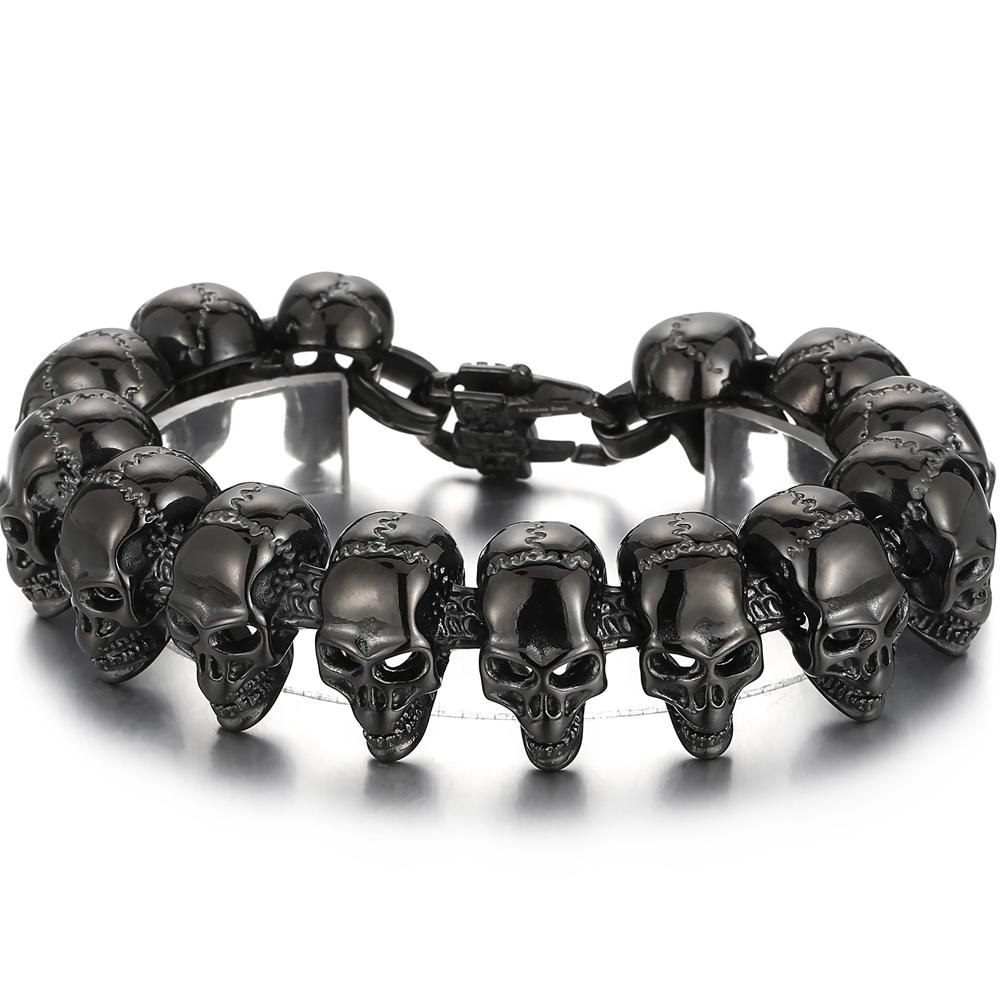 

Ювелирные изделия в стиле готический панк, полный череп, звено на голове, мужской браслет-цепочка для мужчин, черный, старый серебряный цвет, мужские браслеты из нержавеющей стали, крутые 20.5CM чёрный