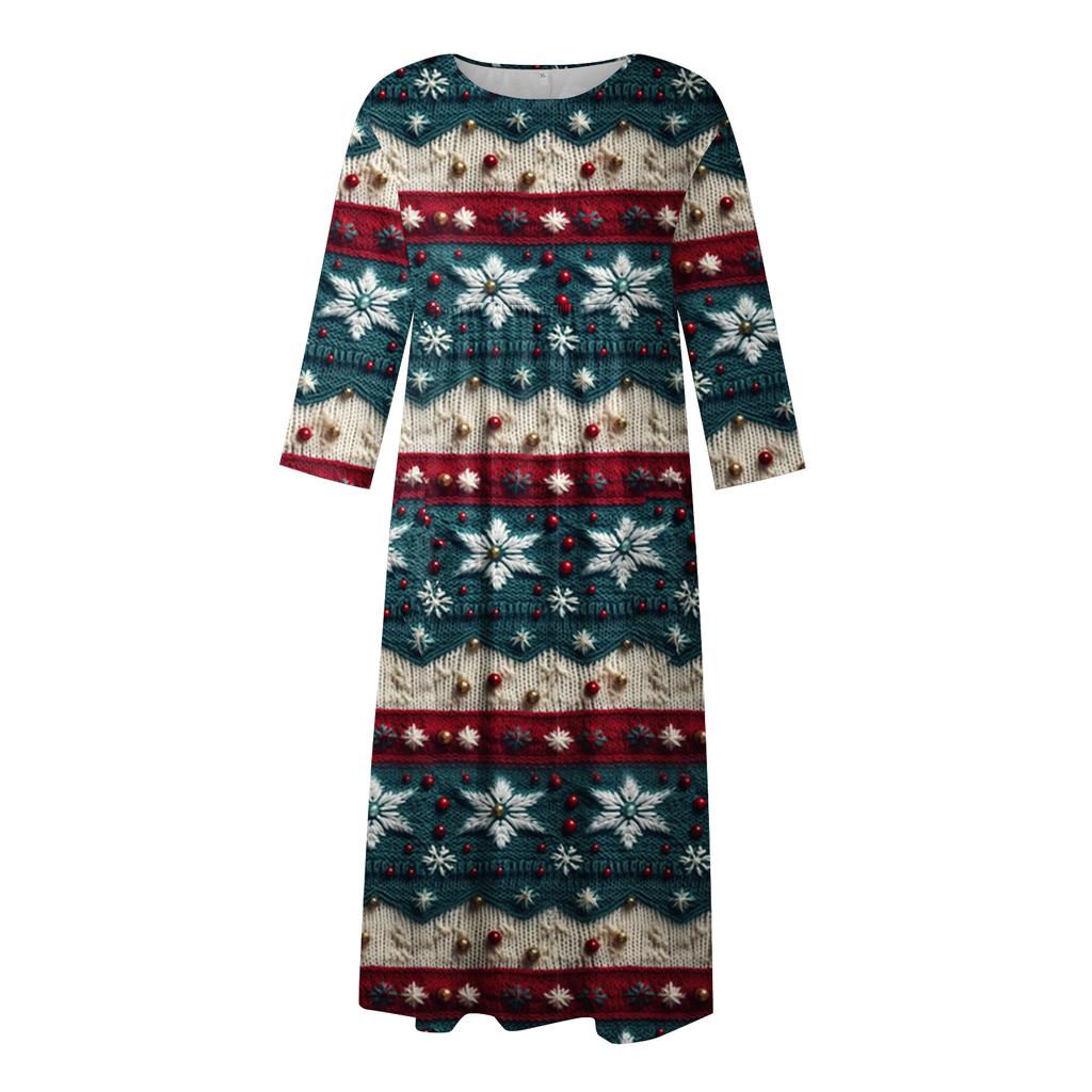 Women's Casual Round Neck Christmas Print Midi Dress Long Sleeve Pocket Dress