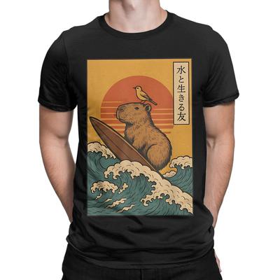 Capybara Surfing Japanese Graphic 100% Cotton T-Shirt Capybara Tees Tops For Men