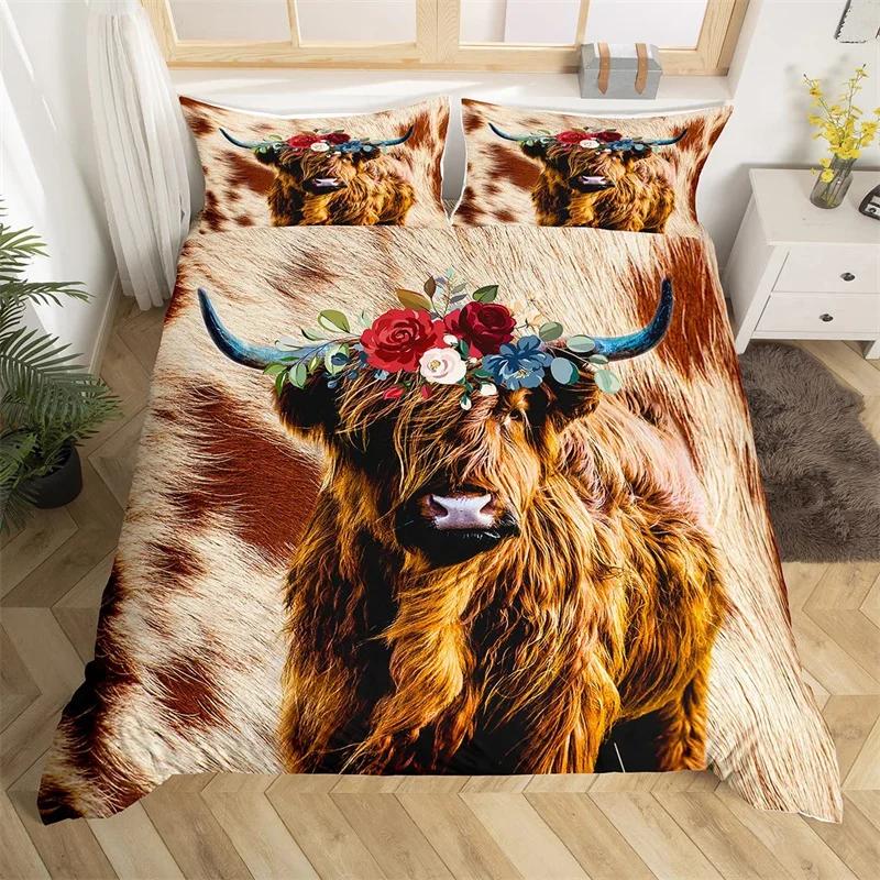 Hochlandkuh Bettbezug King-Größe Queen-Größe Westliches Bauernhoftier Steppdeckebezug Feine Mikrofaser Stier Rindvieh Floral Bettwäsche-Set