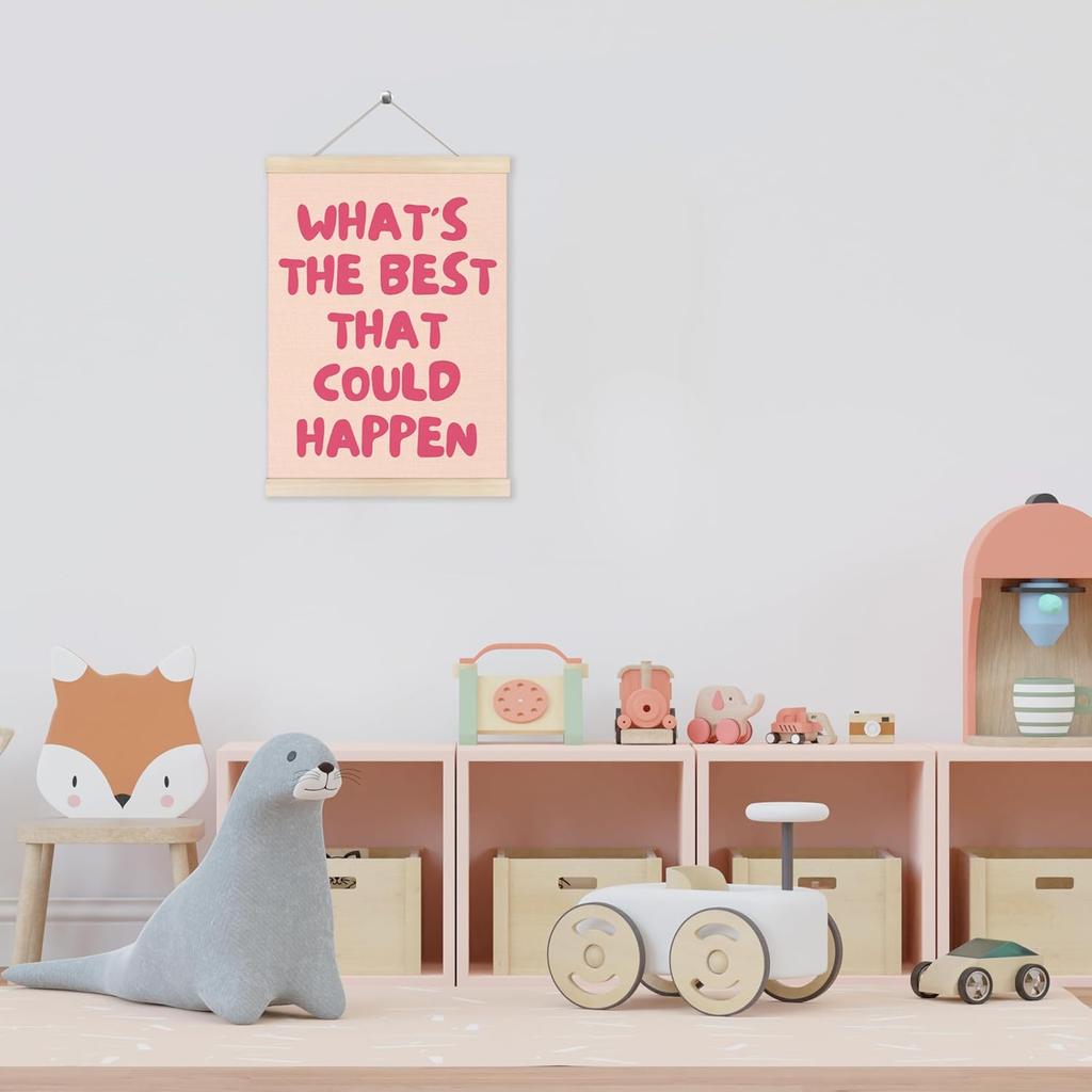 HUGANE What's the Best That Could Happen Wall Art Poster Hanger Frame, Trendy Pink pirational Quote Canvas Pictures Prints Hanging Wall Decor for