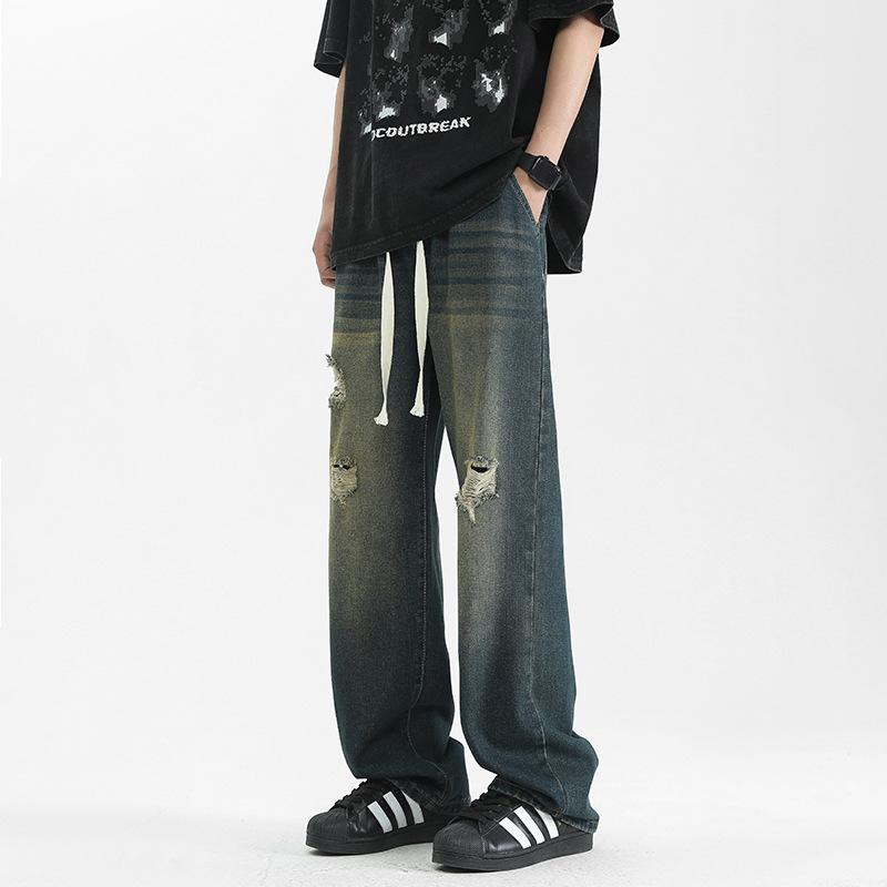 

Рваные джинсы мужские новые летние свободные прямые американские уличные широкие брюки универсальные длинные брюки 3XL