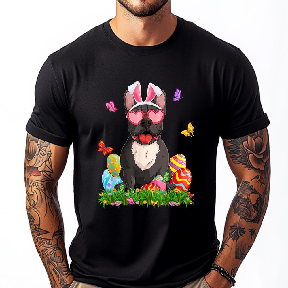 Cute French Bulldog Dog Bunny Ears Easter Eggs Easter Day Graphic T Shirts 100 Cotton Anime T Shirts Mardi Gras