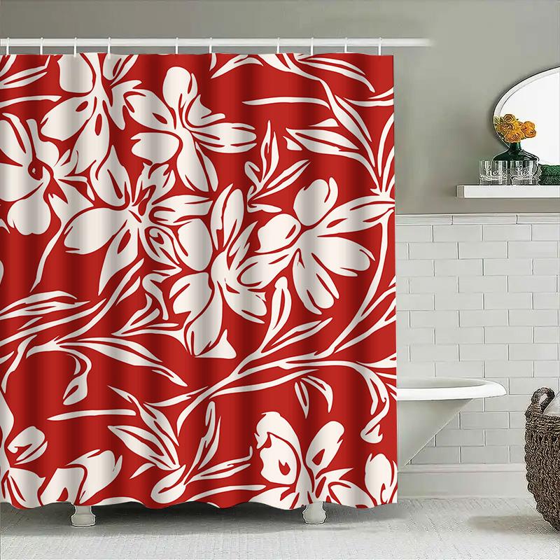 Red White Floral Shower Curtain Bathroom Decor Luxury Bathtub Curtains For Home, Hotel Or Spa Printed Fabric Water Repellent Bat