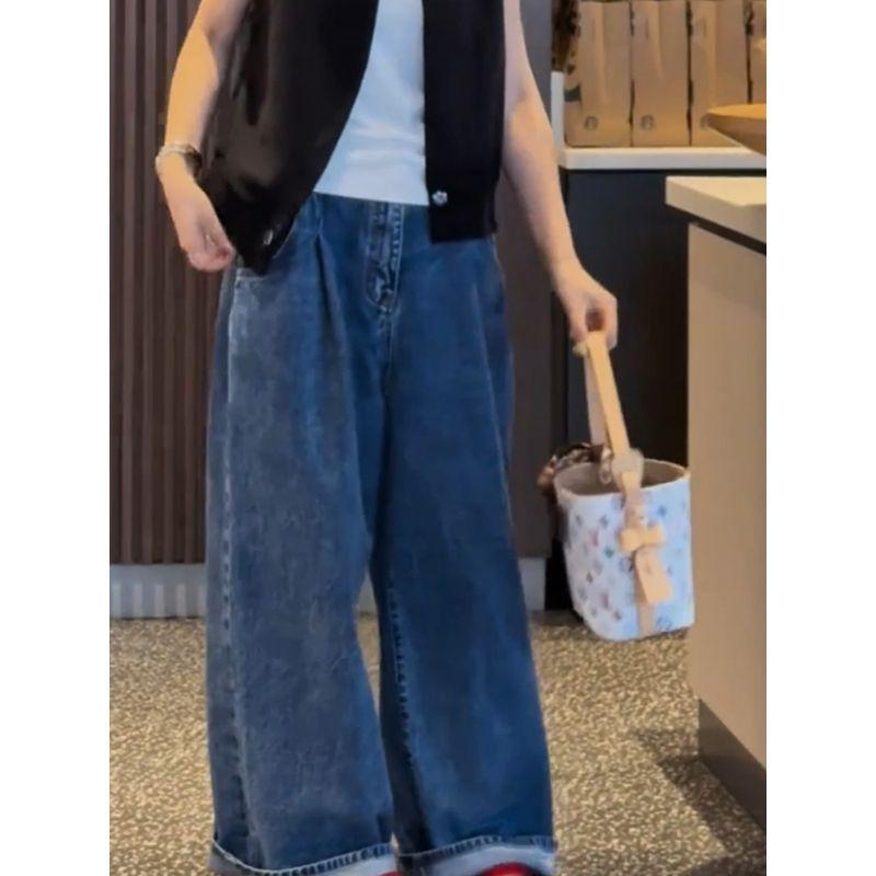Korean Style Loose Lazy Slimming Wide-Leg Pants Blue Jeans Women 2025 Summer New Plus size Mopping Pants