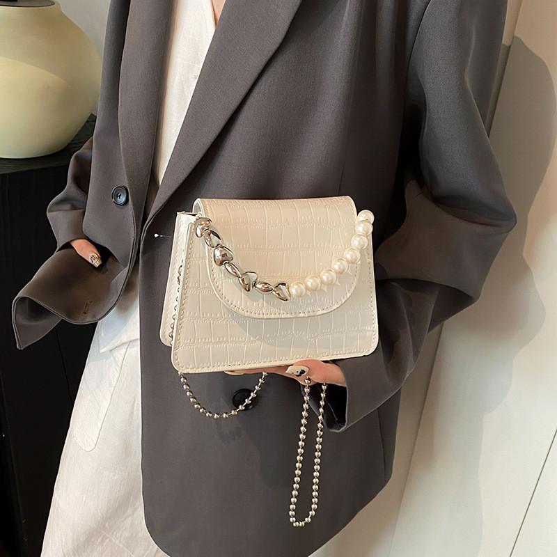 Pearl Simulated Fashion Decoration Crocodile Pattern Women Casual Square Bag