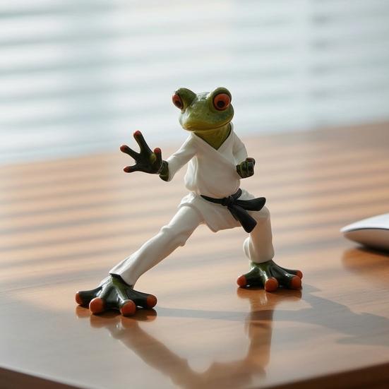 Taekwondo Frog Figurine Black Belt Green Frog Statue Resin Martial Arts Animal Sculpture