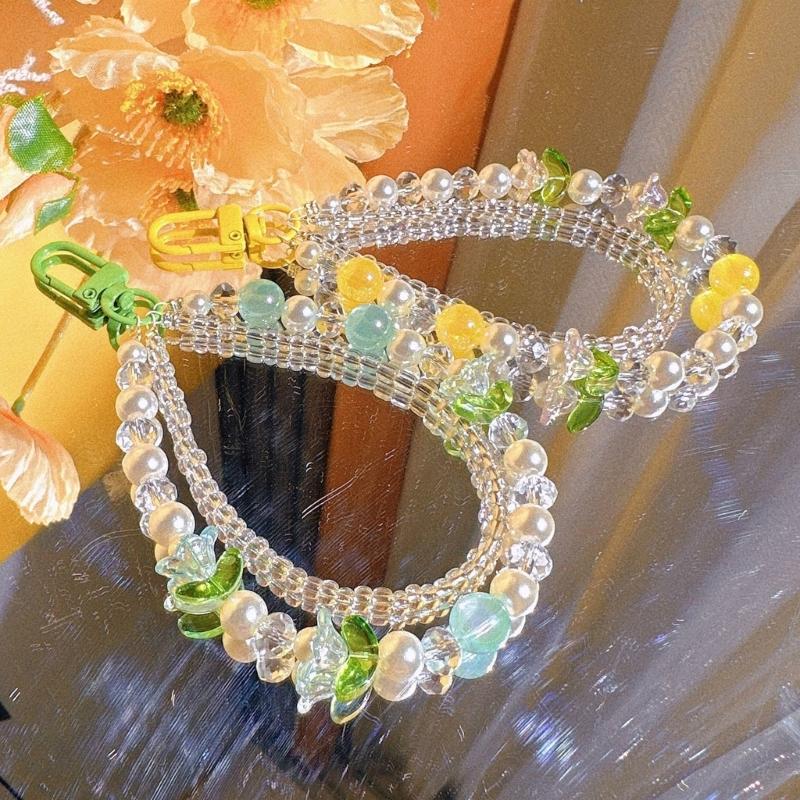Double Layer Flower Beaded Pendant Phone Charm Hanging Rope Cute Phone Chain Strap Bag Decoration Keychain Accessories