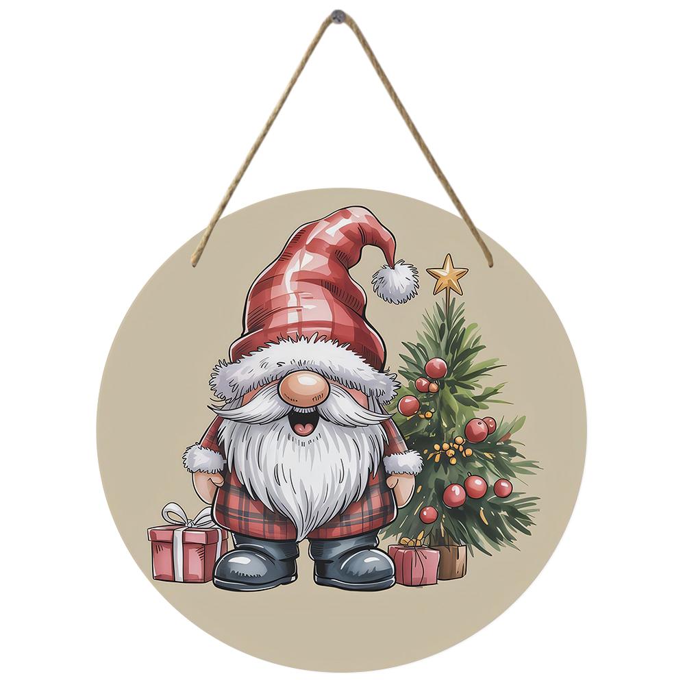 Vintage Christmas Gnome Print Round Wooden Hanging Plaque Natural Solid Wood Wall Sign Festive Indoor Door Decor Holiday Home Ornament