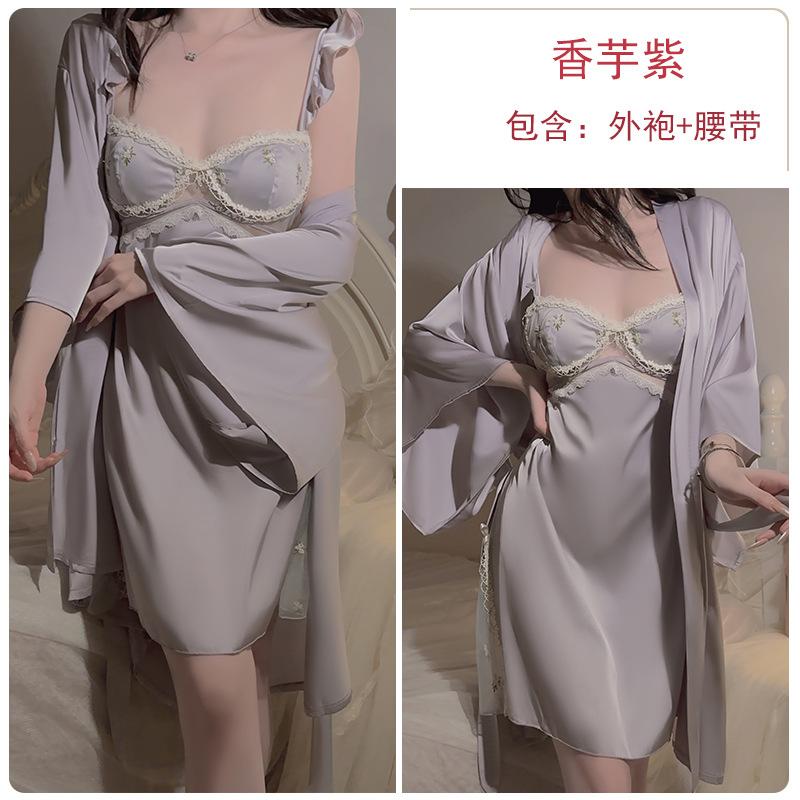 

Sweet embroidered lace plus chest pad low-cut temptation satin nightdress robe women s loungewear set One size fits all
