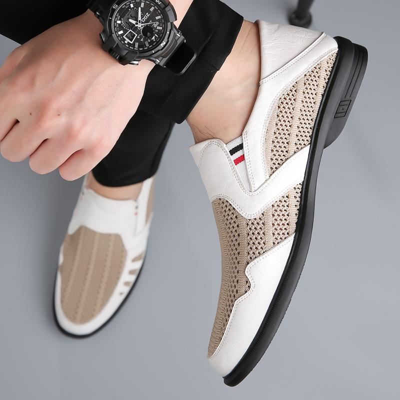 Breathable Cool Summer Mesh Leather Slip On Shoes Men Business Casual Soft Light Lazy Shoes Men Slip-On Hollow Out Loafers Shoes