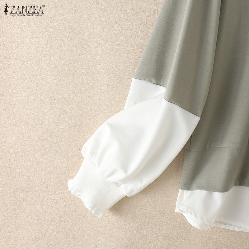 ZANZEA Women Casual V-Neck Splice Long Sleeve Blouse