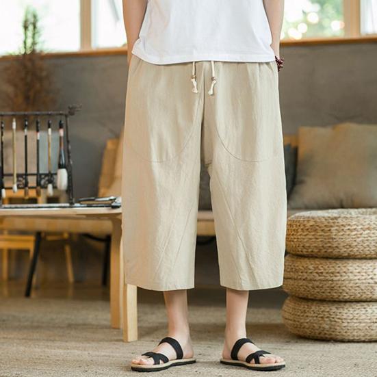 Men Summer Pants Drawstring Elastic Waist Solid Color Mid-calf Length Pockets Daily Wear Wide Leg Plus Size Men Summer Trousers Men Clothes