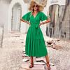 Summer Elegant V Neck Pleated A Line Dress for Women Short Sleeve Solid Color Chest Wrap
