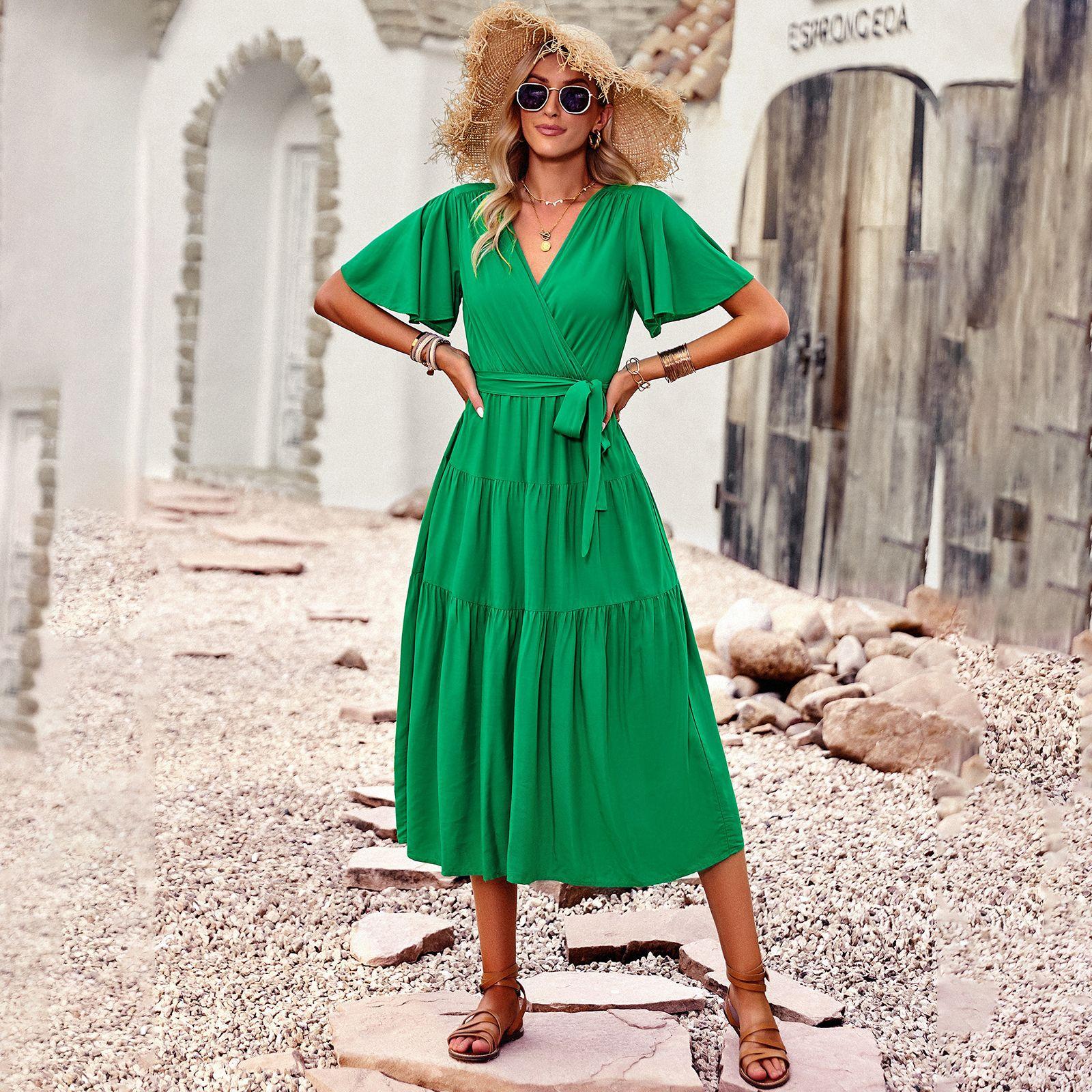 

Elegant Women Summer Short Sleeve V Neck A Line Solid Color Chest Wrap Pleated Dress XL