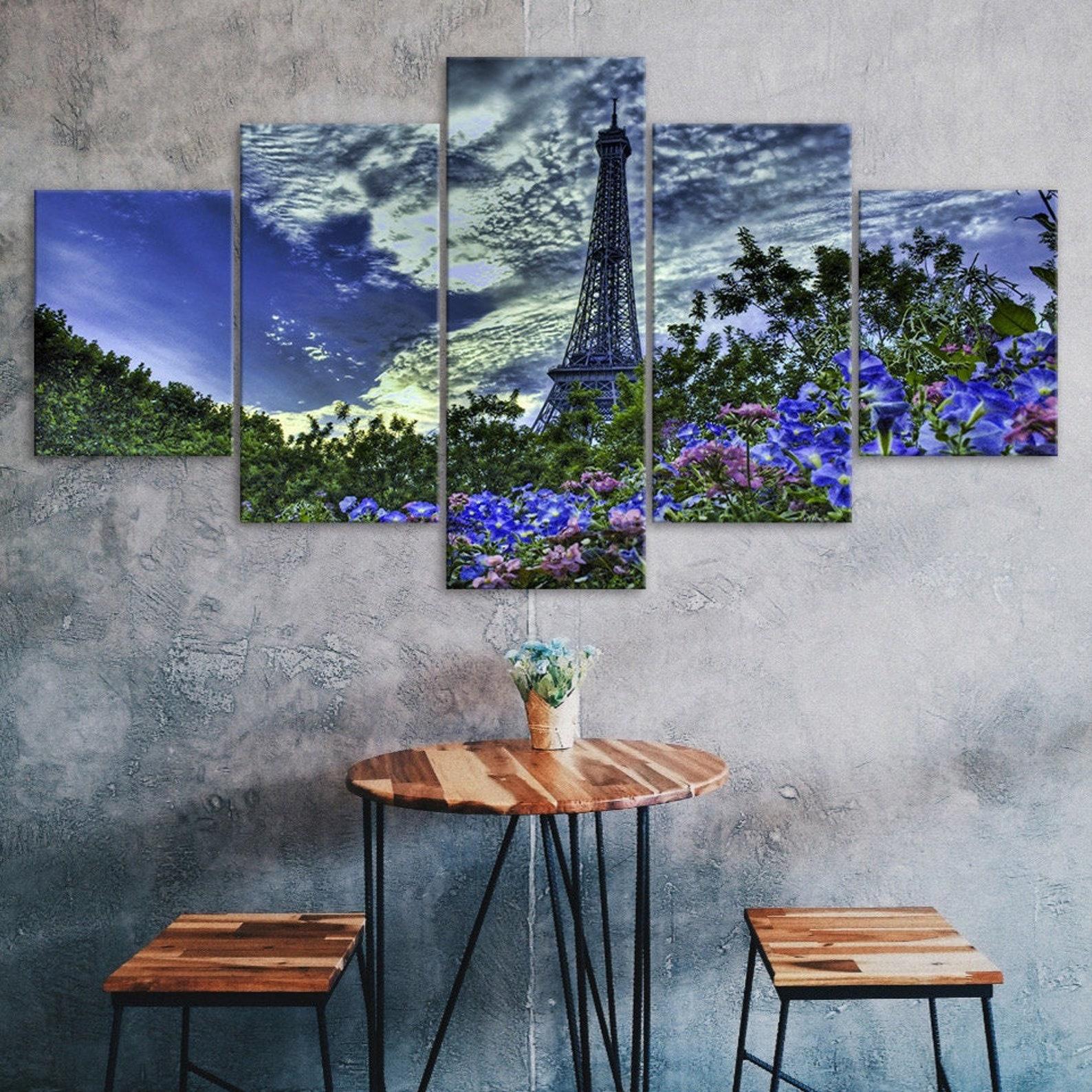 

Paris Eiffel Tower Pink Flower Scenery 5 Piece Five Panel Wall Canvas Print Modern Art Poster Picture Home Decor Gift For Him For Her 20X35 20X45 20X55CM